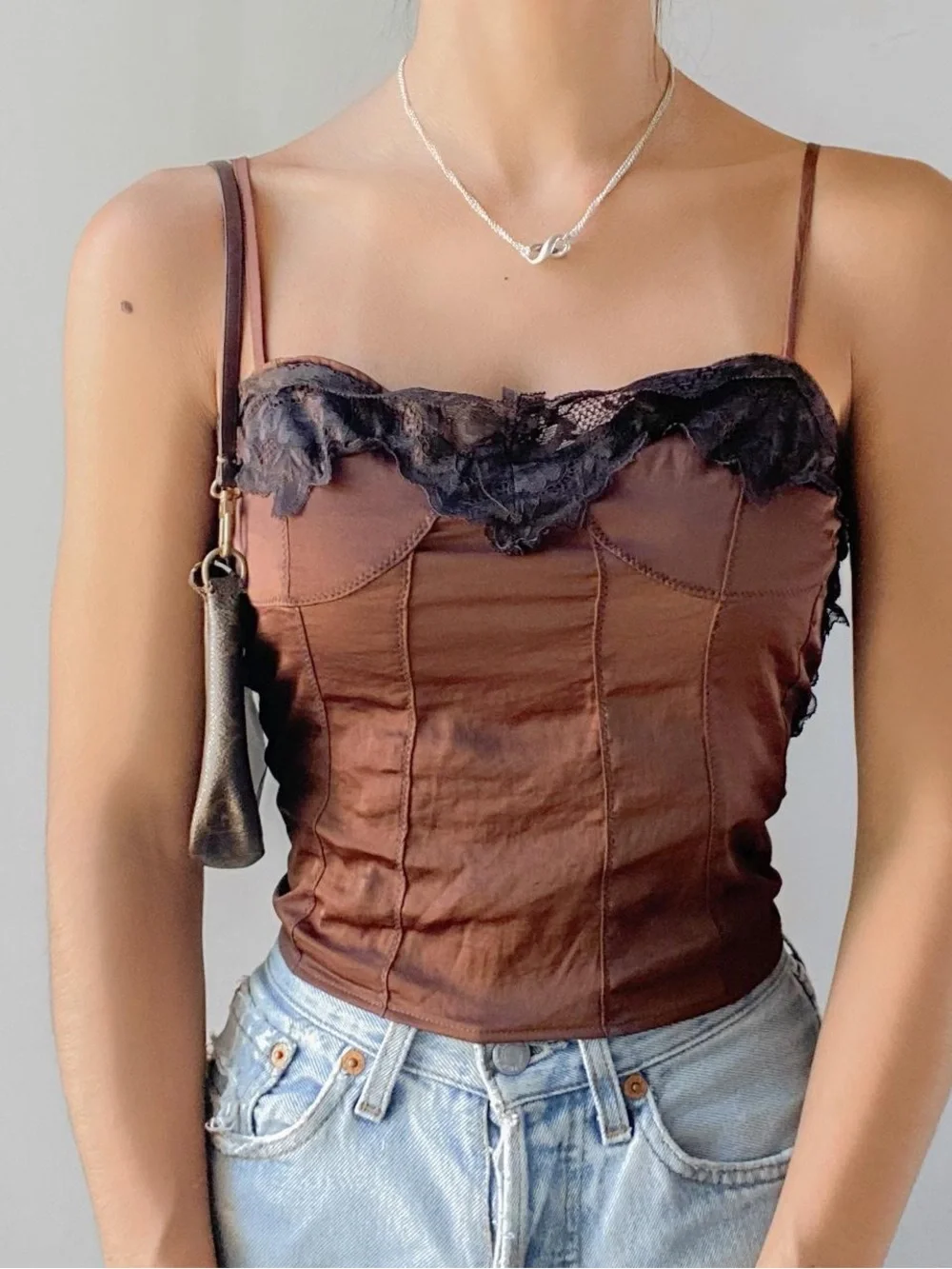 Free People Women's Black and Brown Crop-top XS